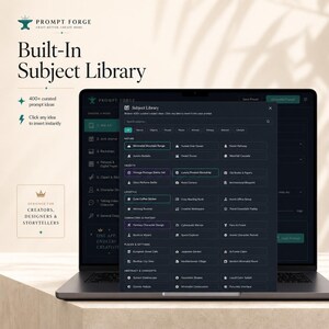 Pode incluir: Um laptop exibe a interface "Prompt Forge", apresentando uma "Biblioteca de Assuntos Integrada" com categorias como Natureza, Objetos e Estilo de Vida. A interface oferece ideias de prompts selecionadas, projetadas para criadores e contadores de hist&oacute;rias.