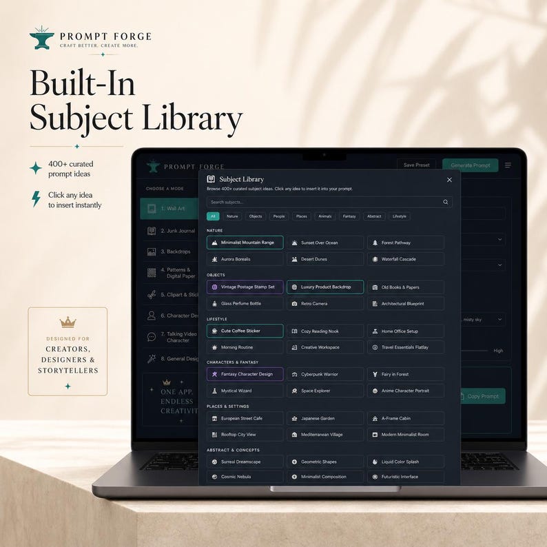 Pode incluir: Um laptop exibe a interface "Prompt Forge", apresentando uma "Biblioteca de Assuntos Integrada" com categorias como Natureza, Objetos e Estilo de Vida. A interface oferece ideias de prompts selecionadas, projetadas para criadores e contadores de hist&oacute;rias.
