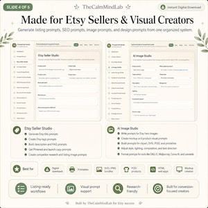 May include: A digital interface display titled TheCalmMindLab featuring two software modules, Etsy Seller Studio and AI Image Studio, with text fields for product details, feature lists, and workflow icons for digital downloads and printables.