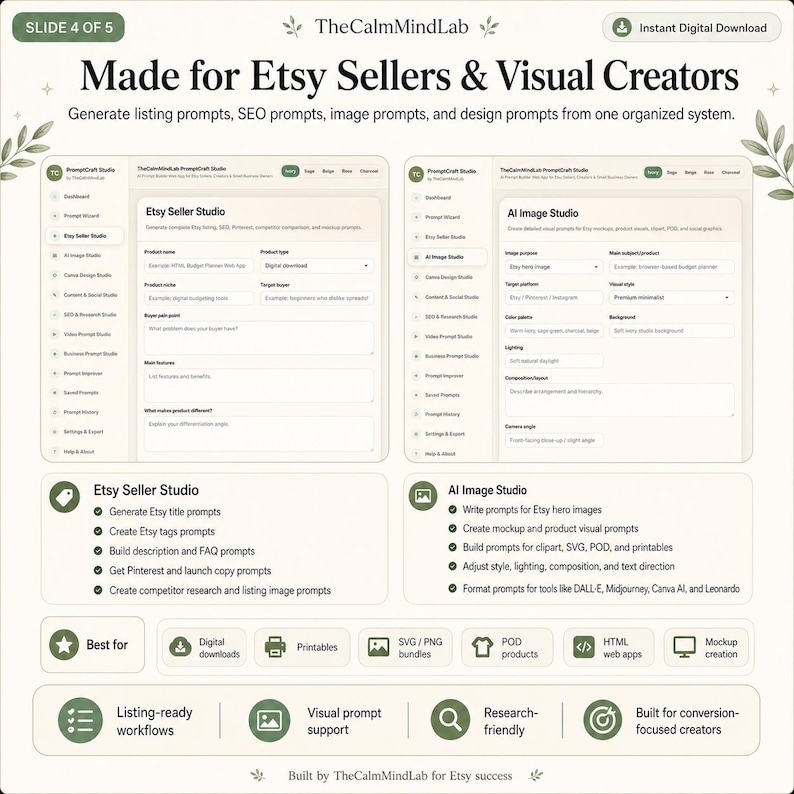 May include: A digital interface display titled TheCalmMindLab featuring two software modules, Etsy Seller Studio and AI Image Studio, with text fields for product details, feature lists, and workflow icons for digital downloads and printables.