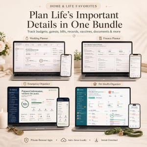 K&ouml;nnte beinhalten: Ein digitales Planer-Paket auf vier Laptops und vier Smartphones mit Dashboards f&uuml;r Hochzeits-, Finanz-, Notfall- und Haustiergesundheitsplanung. Der Text lautet Home & Life Favorites, Plan Life's Important Details in One Bundle.