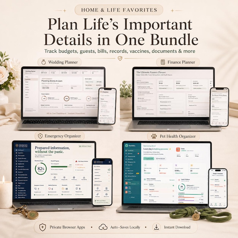 K&ouml;nnte beinhalten: Ein digitales Planer-Paket auf vier Laptops und vier Smartphones mit Dashboards f&uuml;r Hochzeits-, Finanz-, Notfall- und Haustiergesundheitsplanung. Der Text lautet Home & Life Favorites, Plan Life's Important Details in One Bundle.
