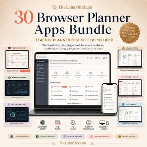Könnte beinhalten: Ein 30 Browser-Planer-App-Paket von TheCalmMindLab mit einem Laptop und Smartphone, die ein Dashboard mit Kategorien für Lehrer, Schüler, Finanzen, Gesundheit, Wellness, Haushalt, Hochzeiten, Haustiere und Mahlzeiten anzeigen.
