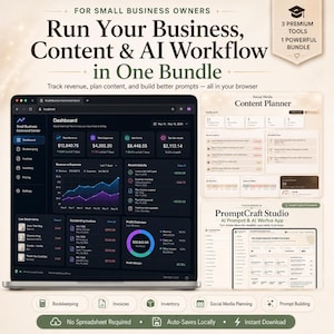 K&ouml;nnte beinhalten: Eine digitale Dashboard-Oberfl&auml;che f&uuml;r Kleinunternehmer mit dem Titel Small Business Command Center, die Finanzkennzahlen, Umsatzdiagramme, Gewinn&uuml;bersichten, einen Social-Media-Inhaltsplaner und ein KI-Prompt-Tool anzeigt.