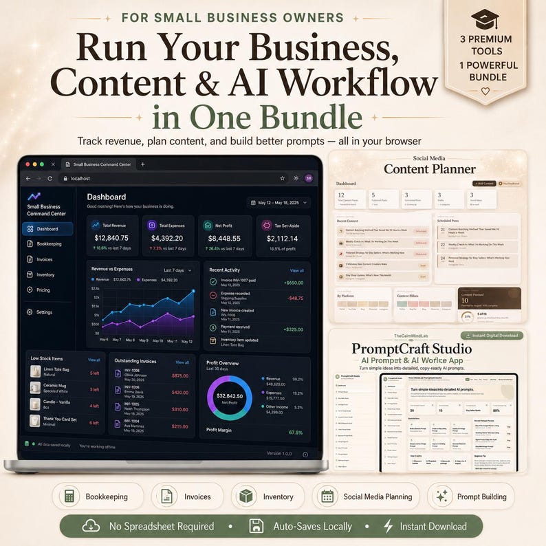 K&ouml;nnte beinhalten: Eine digitale Dashboard-Oberfl&auml;che f&uuml;r Kleinunternehmer mit dem Titel Small Business Command Center, die Finanzkennzahlen, Umsatzdiagramme, Gewinn&uuml;bersichten, einen Social-Media-Inhaltsplaner und ein KI-Prompt-Tool anzeigt.