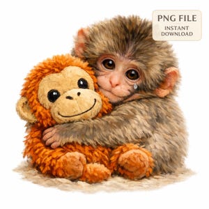 Emotional Punch Monkey PNG, Baby Affe umarmt Plüschtier, digitaler Download