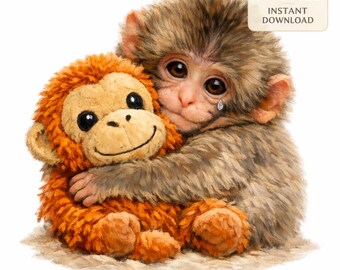 Emotional Punch Monkey PNG, Baby Monkey Hugging Plush Toy, Digital Download