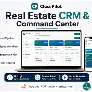 May include: A ClosePilot Real Estate CRM and Command Center software interface displayed on a laptop and smartphone. The screen shows listings, lead pipelines, and workflow data. Features include lead pipeline, listing workflow, transaction risk, and seller reports, with text indicating no login, browser-based access, and instant download.
