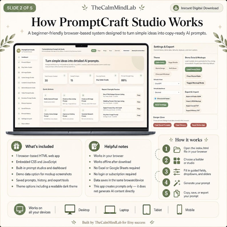 May include: A digital infographic titled How PromptCraft Studio Works, featuring a laptop displaying a browser-based AI prompt builder interface. The layout includes sections for settings, export options, a list of included features, and a numbered guide on how the system functions across desktop, laptop, tablet, and mobile devices.