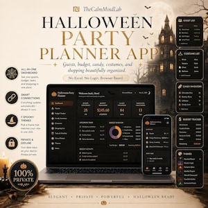 May include: A digital Halloween party planner app displayed on a laptop and smartphone screen. The interface features a dark theme with gold text, showing guest lists, budget trackers, candy inventory, and costume lists for event organization.