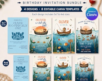 Ofishally One Birthday Invitation, Fishing First Birthday Canva Invite Bundle
