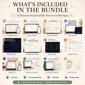 K&ouml;nnte beinhalten: Eine digitale Bundle-Infografik mit dem Titel WHAT'S INCLUDED IN THE BUNDLE, die 12 browserbasierte HTML-Planer und Web-Apps zeigt. Das Raster enth&auml;lt 12 nummerierte Abschnitte mit Laptop-Bildschirmen, die verschiedene Dashboards darstellen.