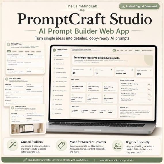 AI Prompt Builder Web App for Etsy Sellers, ChatGPT Prompts, Digital Download