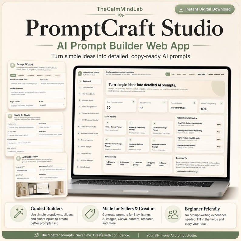 May include: A laptop displaying the PromptCraft Studio AI prompt builder web app interface, featuring a dashboard with quick action buttons, prompt statistics, and a recent prompts list, surrounded by smaller windows showing specific tool modules.