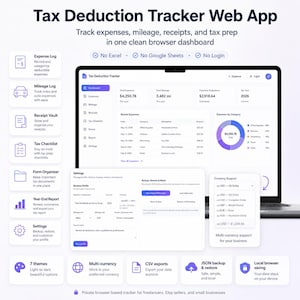 Puede incluir: Una interfaz de aplicación web Tax Deduction Tracker mostrada en una pantalla de portátil, con un panel de control para gastos, kilometraje, recibos y listas de verificación fiscal, incluyendo gráficos y menús de configuración.