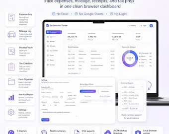 Tax Deduction Tracker HTML App, Expense Organizer, Mileage Log, Self Employed Planner