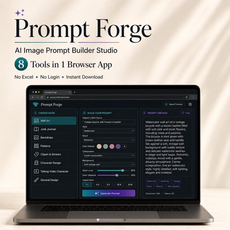 Pode incluir: Um laptop exibe "Prompt Forge", um est&uacute;dio de cria&ccedil;&atilde;o de prompts de imagem de IA. A tela mostra a interface com op&ccedil;&otilde;es como "Wall Art" e "Character Design". O texto diz "8 ferramentas em 1 aplicativo de navegador".