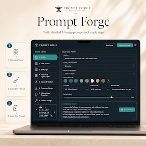 Pode incluir: Um laptop exibe a interface "Prompt Forge", uma ferramenta para criar prompts de imagem de IA. A tela mostra op&ccedil;&otilde;es para escolher um modo, selecionar estilo e humor e copiar o prompt. A interface apresenta uma serena paisagem montanhosa com um lago e pinheiros.