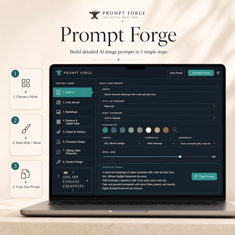 Pode incluir: Um laptop exibe a interface "Prompt Forge", uma ferramenta para criar prompts de imagem de IA. A tela mostra op&ccedil;&otilde;es para escolher um modo, selecionar estilo e humor e copiar o prompt. A interface apresenta uma serena paisagem montanhosa com um lago e pinheiros.