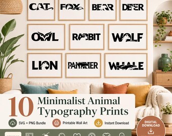 Printable Animal Wall Art Bundle, Minimalist Nursery Decor, SVG PNG Files