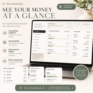 Puede incluir: Un port&aacute;til que muestra el panel financiero TheCalmMindLab con el texto SEE YOUR MONEY AT A GLANCE. La pantalla muestra categor&iacute;as de gastos, facturas, transacciones, resumen mensual y progreso del presupuesto en un navegador.