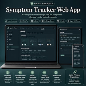May include: A digital download Symptom Tracker Web App displayed on a laptop, tablet, and smartphone. The interface features a dark theme with navigation menus, settings for appearance, and lists for symptoms, triggers, notes, and reports.