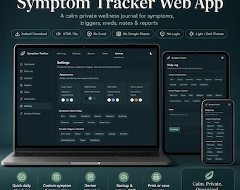 Symptom Tracker Web App, Chronic Illness Journal, Pain Fatigue Log, Medication & Doctor Notes