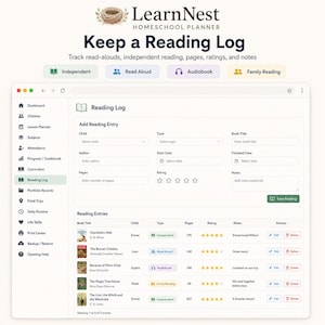 May include: A digital LearnNest Homeschool Planner interface displaying a Reading Log page. The layout includes a sidebar with navigation icons, an Add Reading Entry form, and a table listing book titles, children, reading types, pages, and ratings.