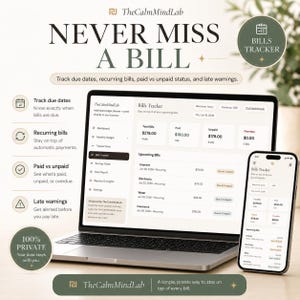 Puede incluir: Un ordenador port&aacute;til y un smartphone que muestran la interfaz del rastreador de facturas TheCalmMindLab. La pantalla presenta datos financieros, incluyendo totales, facturas pagadas y pendientes, con el texto NEVER MISS A BILL y funciones de seguimiento.