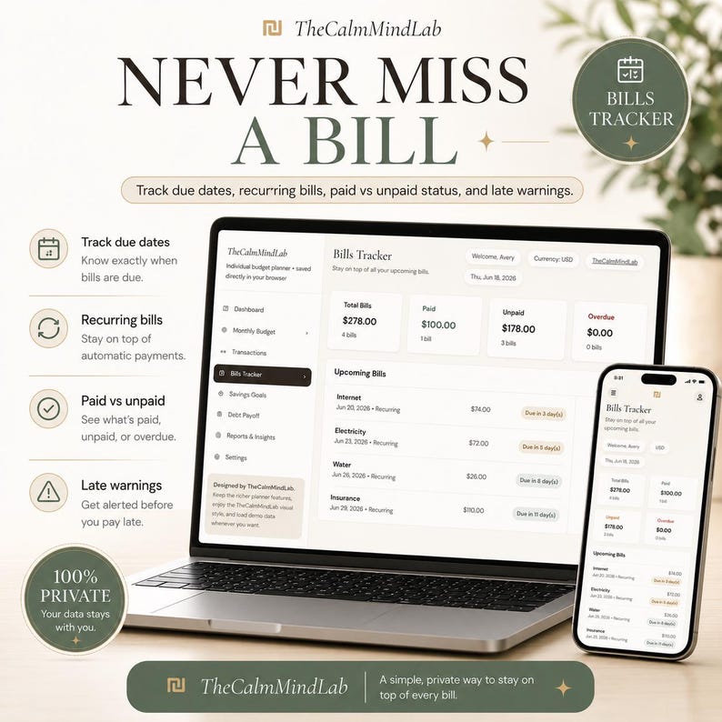 Puede incluir: Un ordenador port&aacute;til y un smartphone que muestran la interfaz del rastreador de facturas TheCalmMindLab. La pantalla presenta datos financieros, incluyendo totales, facturas pagadas y pendientes, con el texto NEVER MISS A BILL y funciones de seguimiento.