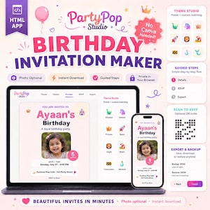 May include: A digital birthday invitation maker interface displayed on a laptop and smartphone screen. The software features a theme studio, guided steps, and QR code generation for RSVPs. The interface shows a sample invitation for Ayaan's birthday.