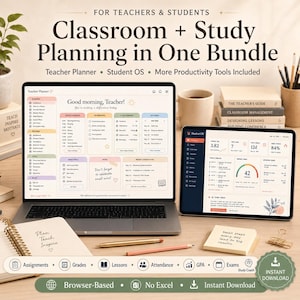 K&ouml;nnte beinhalten: Ein digitales Planungs-Bundle f&uuml;r Unterricht und Studium, dargestellt auf einem Laptop- und Tablet-Bildschirm. Die Bildschirme zeigen organisierte Dashboards mit Texten wie "Classroom + Study Planning in One Bundle" und "Good morning, Teacher!" sowie ein Notizbuch, Stifte und Haftnotizen.