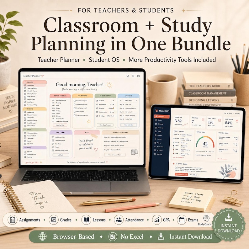 K&ouml;nnte beinhalten: Ein digitales Planungs-Bundle f&uuml;r Unterricht und Studium, dargestellt auf einem Laptop- und Tablet-Bildschirm. Die Bildschirme zeigen organisierte Dashboards mit Texten wie "Classroom + Study Planning in One Bundle" und "Good morning, Teacher!" sowie ein Notizbuch, Stifte und Haftnotizen.
