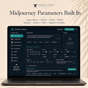 Pode incluir: Um ecr&atilde; de laptop exibe a interface "Prompt Forge", mostrando "Midjourney Parameters Built In". As op&ccedil;&otilde;es incluem Aspect Ratio, Stylize, Chaos e Seed. A interface &eacute; escura com texto branco e uma &aacute;rea de visualiza&ccedil;&atilde;o. O laptop est&aacute; aberto.