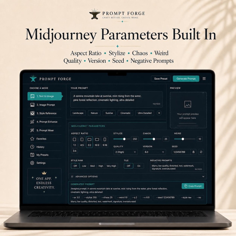 Pode incluir: Um ecr&atilde; de laptop exibe a interface "Prompt Forge", mostrando "Midjourney Parameters Built In". As op&ccedil;&otilde;es incluem Aspect Ratio, Stylize, Chaos e Seed. A interface &eacute; escura com texto branco e uma &aacute;rea de visualiza&ccedil;&atilde;o. O laptop est&aacute; aberto.