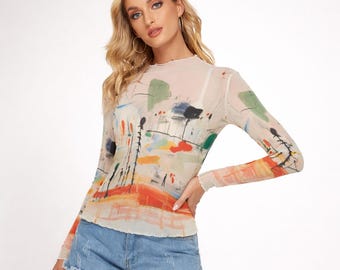 Abstract Mesh Long Sleeve Top, Sheer High Neck Layering Shirt, Modern Art Print