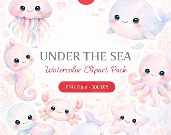 Under the Sea Clipart Bundle, Watercolor Ocean PNG, Nursery Decor, Baby Shower Clipart
