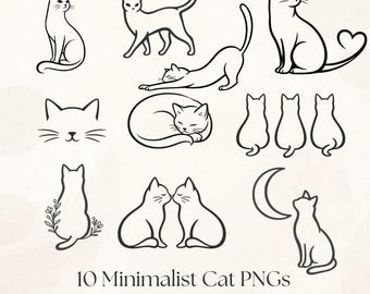 Minimalist Black Cat Bundle, Line Drawing Sublimation, Clipart for Shirts and Printables