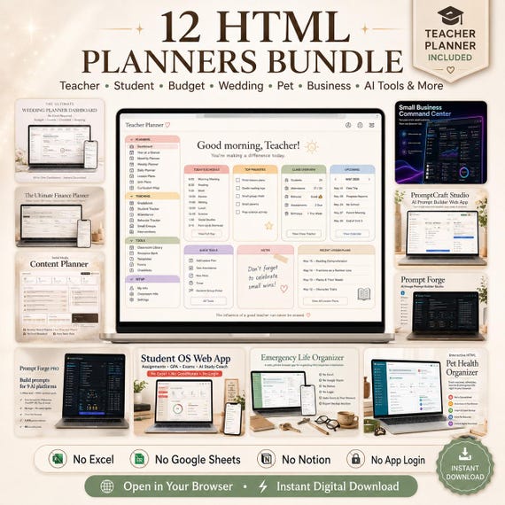 12 HTML Planners Bundle, Browser-Based Digital Apps (Instant Download)