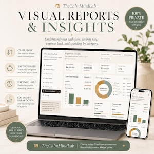 Puede incluir: Un ordenador port&aacute;til y un smartphone muestran el panel financiero de TheCalmMindLab con el texto VISUAL REPORTS & INSIGHTS, 100% PRIVATE, y varias m&eacute;tricas de seguimiento presupuestario que incluyen ingresos, gastos, flujo de caja y categor&iacute;as.