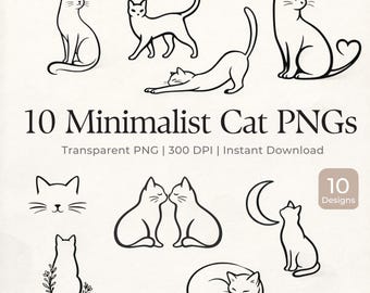 MINIMALISTISCHE KATZE PNG Bundle: Schwarze Linie Art Clipart, 10 Katzen Designs und druckbare digitaler Download Set