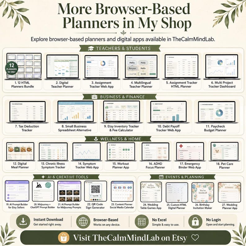 May include: A digital catalog titled More Browser-Based Planners in My Shop displaying twenty-seven web-based application icons categorized into Teachers & Students, Business & Finance, Wellness & Home, AI & Creative Tools, and Events & Planning.