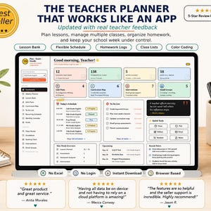 Puede incluir: Una interfaz de planificador digital para docentes mostrada en una pantalla, con un panel de control para planes de lecciones, listas de clase, registros de tareas y un horario. El diseño incluye secciones para tareas diarias y herramientas rápidas.