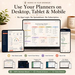 K&ouml;nnte beinhalten: Eine digitale Planer-Oberfl&auml;che auf einem Laptop, Tablet und Smartphone. Die Bildschirme zeigen organisierte Dashboards mit dem Text "Works in your browser," "Use your planners on desktop, tablet & mobile." sowie weitere Planer-Optionen.