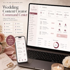 May include: A digital wedding content creator command center app displayed on a laptop screen and a smartphone. The interface features a dashboard with upcoming weddings, revenue, and quick actions. Text includes "All-in-One Business App" and "Ava & You".