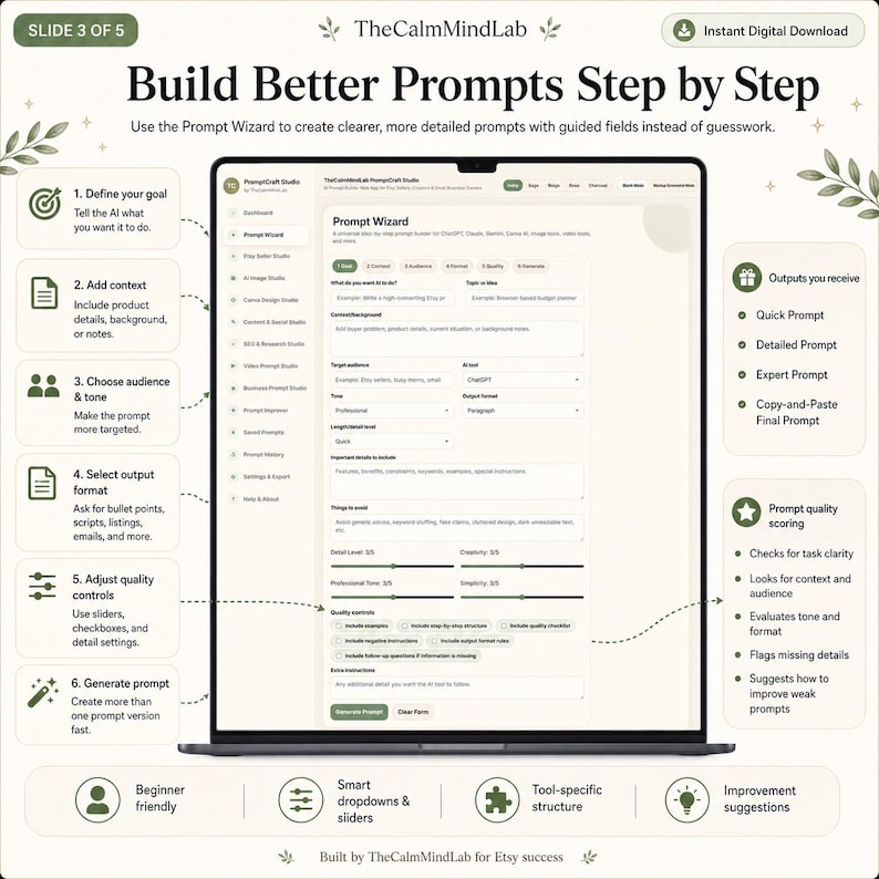 May include: A digital interface titled Build Better Prompts Step by Step, featuring a central Prompt Wizard window on a laptop screen. The layout includes six numbered steps on the left, a list of outputs on the right, and footer icons for features.