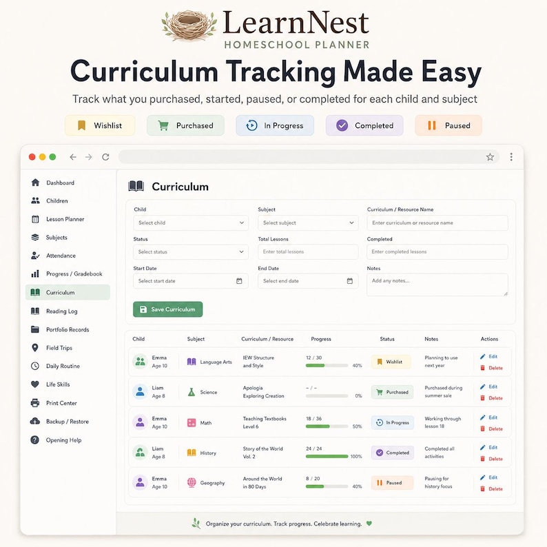 May include: A digital LearnNest Homeschool Planner interface displaying a curriculum tracking dashboard. The screen features a sidebar menu, input fields for child and subject details, and a progress table with status tags like Wishlist and Completed.