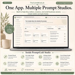 May include: A laptop screen displays the PromptCraft Studio dashboard with text reading One App. Multiple Prompt Studios. The interface shows sections for prompt creation, saved prompts, and quick actions. Below, eight icons represent features like Prompt Wizard, Etsy Seller Studio, and AI Image Studio, with text detailing the system's capabilities for digital prompt building.