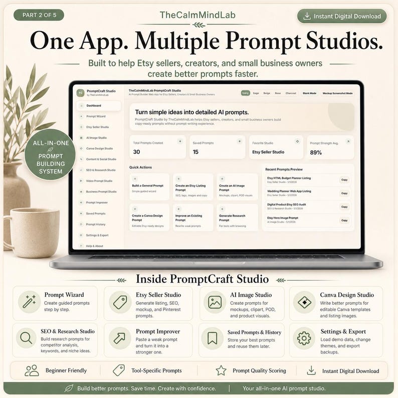 May include: A laptop screen displays the PromptCraft Studio dashboard with text reading One App. Multiple Prompt Studios. The interface shows sections for prompt creation, saved prompts, and quick actions. Below, eight icons represent features like Prompt Wizard, Etsy Seller Studio, and AI Image Studio, with text detailing the system's capabilities for digital prompt building.