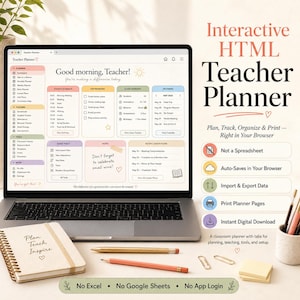 May include: A laptop displaying an interactive HTML teacher planner with pastel-colored dashboard sections, alongside a spiral-bound notebook with the text Plan Teach Inspire, two pens, paper clips, and sticky notes on a desk surface.